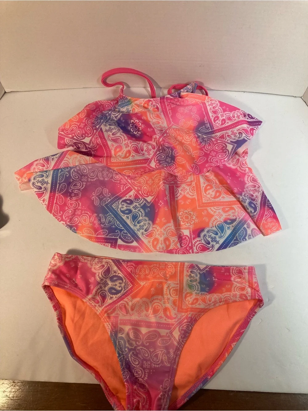 Wonder Nation Girls Pink Orange Purple Paisley Two-Piece Swim Set size 7/8
